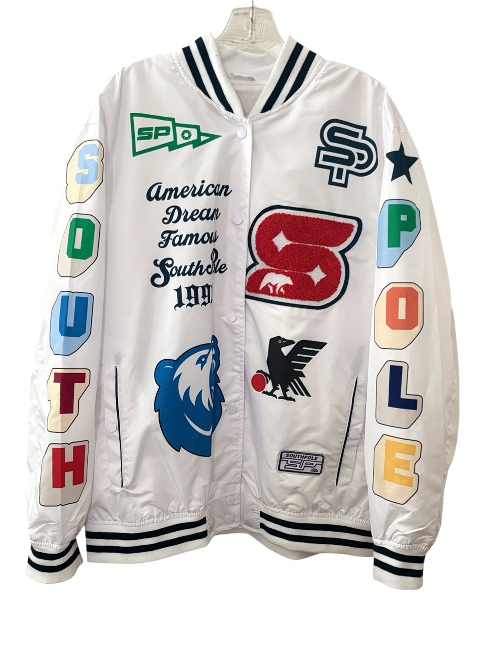 Southpole White Bear Chenille Patch Jacket Black Striped Trim NWT Men's Size XL